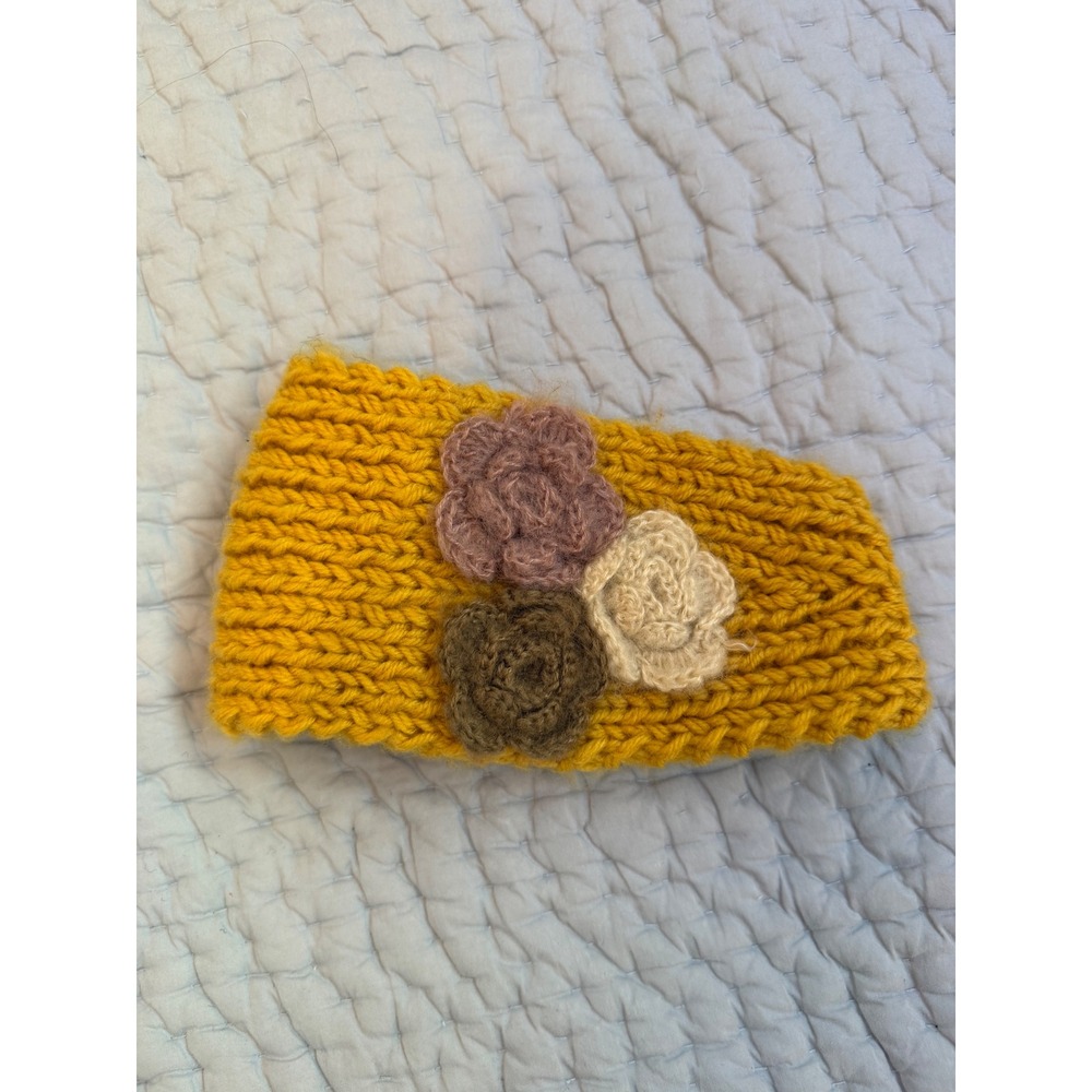 Handmade Mustard Yellow Knit Flower Ear Warmer Headband Kids Boho Mustard